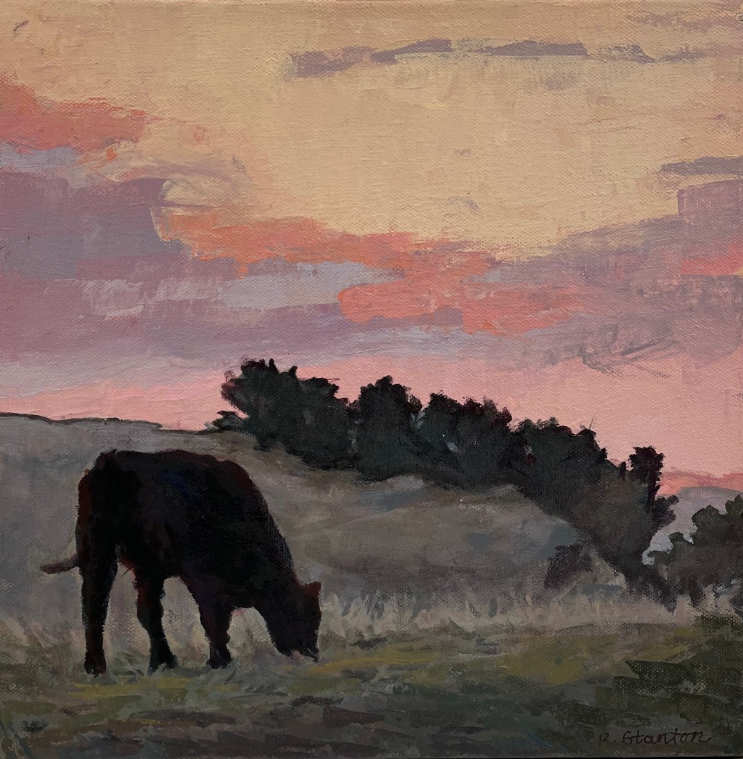 StantnonRuth_Cow &amp; Glimpse of Mt Diablo Foothills_Acrylic_12x12_250